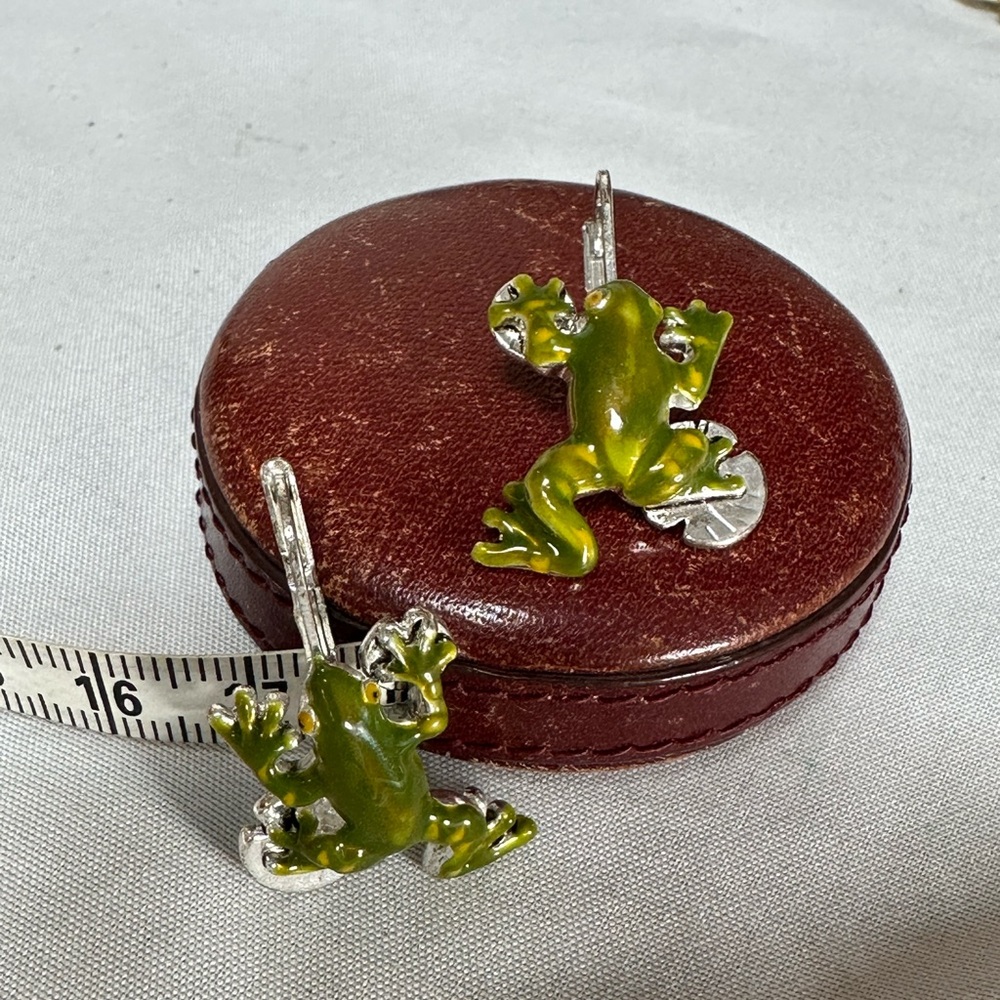Green enamel frogs on lily pad earrings